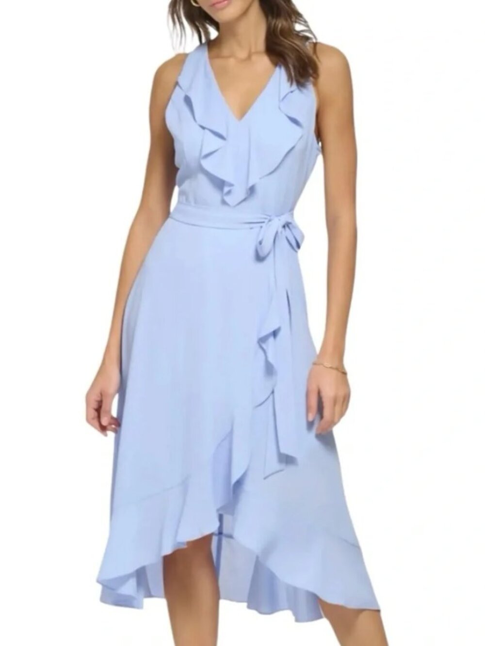 Kensie Belted Ruffle Asymmetric Midi Dress Perri Blue Size 4